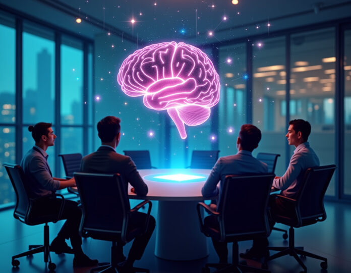 Uma moderna sala de reuniões corporativa com uma visualização holográfica de um cérebro de IA flutuando acima de uma mesa de conferência, cercada por quatro seções coloridas distintas representando os novos grupos organizacionais, com símbolos de congelamento de contratações (ícones de pausa) ao redor da cena, ambiente profissional de negócios com executivos de tecnologia em discussão, composição centralizada
