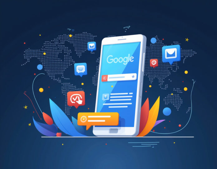 Uma representação visual moderna do Google AI Mode em ação, mostrando uma interface de busca conversacional com elementos de inteligência artificial. No centro, um smartphone ou tablet exibe uma interface limpa do Google Search com bolhas de conversa estilo chat, ícones de restaurante, calendário e localização. Raios de luz azul e laranja emanam do dispositivo, simbolizando inteligência artificial e conectividade global. Fundo abstrato com padrões digitais e mapas mundiais sutis, representando a expansão global. Estilo moderno, limpo e tecnológico com cores vibrantes da marca Google.