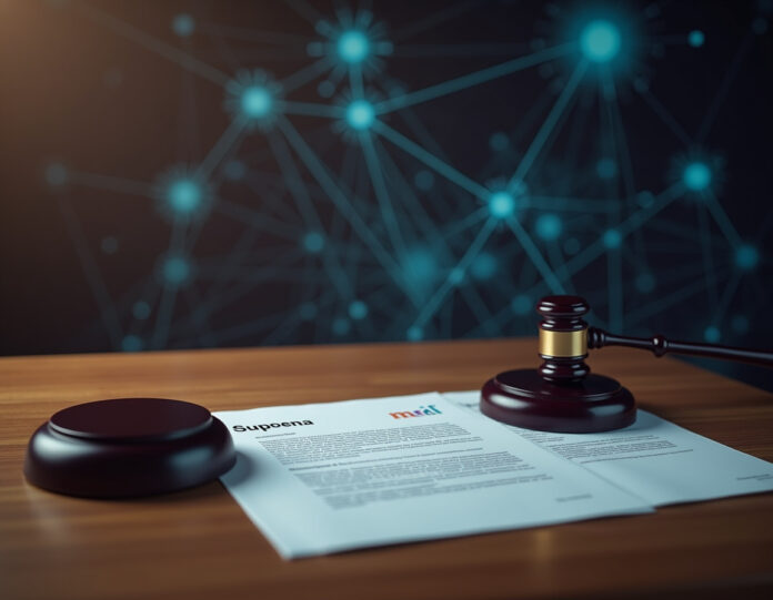 Uma cena dramática de tribunal com documentos legais em uma mesa de madeira, mostrando papéis de intimação com os logotipos da OpenAI e Meta visíveis, com um martelo em primeiro plano e conexões de rede digitais sutis no fundo representando a competição da indústria de IA, composição centralizada, atmosfera legal profissional