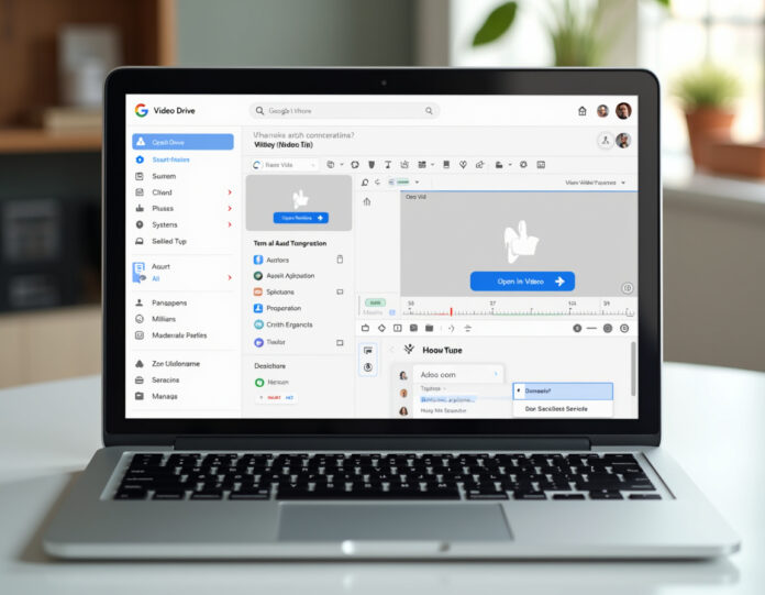 Uma tela moderna de laptop mostrando a interface do Google Drive com ferramentas de edição de vídeo e integração de IA, com um botão proeminente 'Abrir no Vids' visível, configuração de espaço de trabalho profissional, design limpo e minimalista, composição centralizada, cores brilhantes e convidativas, representando um fluxo de trabalho de edição de vídeo contínuo