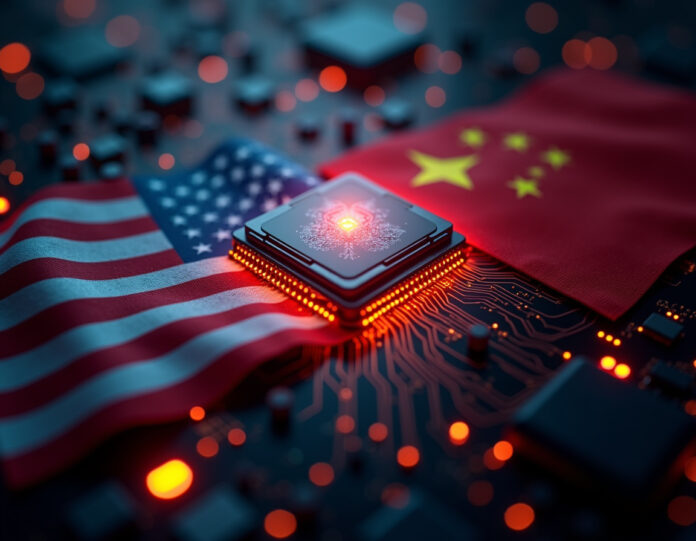 Uma imagem central dramática mostrando um chip de IA de alta tecnologia com as bandeiras americana e chinesa se cruzando em conflito, com ícones de escudo de segurança e símbolos de alerta ao redor, representando a tensão geopolítica sobre a tecnologia de semicondutores e preocupações de segurança nacional, iluminação cinematográfica, detalhes hiper-realistas, composição centralizada