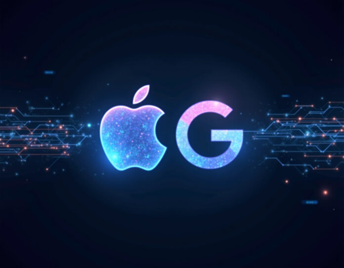 Uma ilustração digital futurista mostrando o logotipo da Siri da Apple e o logotipo da IA Gemini do Google se fundindo em uma fusão tecnológica, com redes neurais e fluxos de dados conectando-os, centralizados em um fundo azul escuro com efeitos de luz brilhante, representando parceria de IA e colaboração tecnológica.