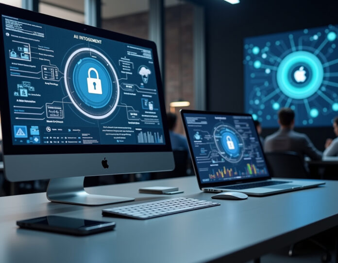Um ambiente corporativo moderno de escritório com múltiplos dispositivos Apple (MacBook, iPhone, iPad) em uma mesa elegante, mostrando interfaces de integração de IA e controles de segurança. No fundo, visualizações holográficas sutis de rede de IA e painéis de gerenciamento empresarial são visíveis. A cena deve transmitir profissionalismo, integração tecnológica e ambiente de negócios seguro, com o logotipo da Apple incorporado de forma sutil. Foco central na tela de um MacBook mostrando controles de gerenciamento de IA.