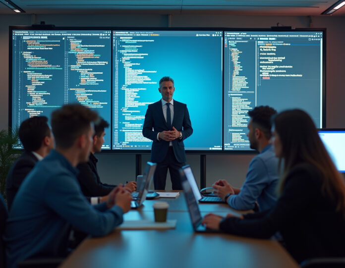 Uma cena moderna de escritório de tecnologia com um CEO em pé de forma autoritária em frente a uma tela grande exibindo interfaces de assistentes de codificação de IA, com diversos engenheiros de software trabalhando em suas mesas, alguns parecendo preocupados enquanto outros abraçam a tecnologia. O foco central está na tensão entre a codificação tradicional e a adoção de IA, com elementos visuais representando as ferramentas GitHub Copilot e Cursor AI. Ambiente corporativo com iluminação limpa e profissional, e uma mistura de expressões faciais determinadas e apreensivas.