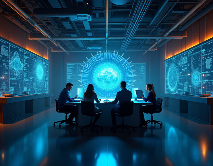 Um laboratório de pesquisa de IA futurista com clusters de computadores avançados e displays holográficos, apresentando uma equipe diversificada de pesquisadores de IA colaborando em torno de uma mesa central com visualizações de redes neurais luminosas, iluminação dramática com tons azuis e laranja, detalhes hiper-realistas e composição centralizada.