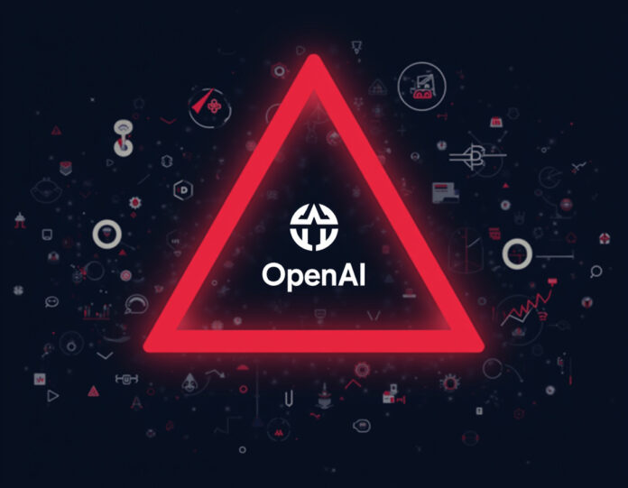Um sinal de alerta financeiro moderno com o logotipo da OpenAI no centro, rodeado por elementos abstratos de blockchain e gráficos de investimento, com uma sobreposição triangular de cautela em vermelho, estilo corporativo profissional, composição centralizada, design limpo e minimalista