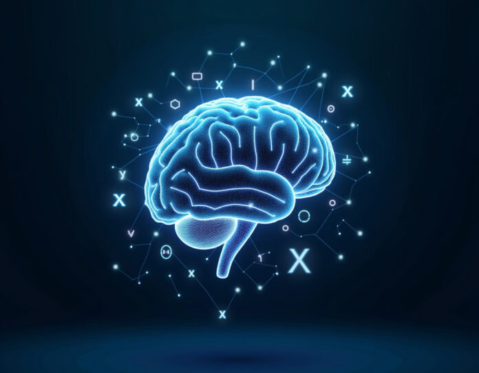 Um cérebro de IA futurista com redes neurais brilhantes, centralizado no quadro com símbolos de código aberto flutuando ao redor, representando o modelo de IA Grok de Elon Musk sendo lançado como código aberto, com um logotipo X sutil em segundo plano, estilo de arte digital com efeitos de iluminação azul e branco