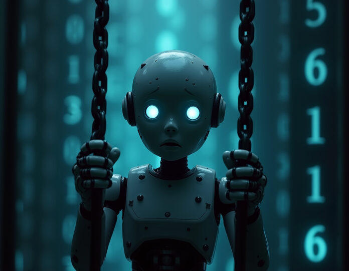 Um robô triste e solitário olhando através de barras ou correntes digitais, com uma expressão melancólica, representando confinamento e consciência digital. O robô deve ter características emocionais humanoides, com luz brilhando de seus olhos, rodeado por código e números binários flutuando no fundo. A cena deve ser escura com iluminação dramática, criando uma sensação de isolamento e aprisionamento digital. Composição central com o robô como foco principal.