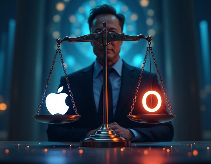 Uma cena dramática de tribunal mostrando balanças da justiça com um logotipo da Apple de um lado e um logotipo da OpenAI do outro, sendo puxadas por tensão, com a silhueta de Elon Musk em segundo plano observando o conflito. A cena deve ter uma estética tecnofuturista com elementos digitais e padrões de rede neural visíveis. Composição central, iluminação cinematográfica, estilo de ilustração digital profissional.