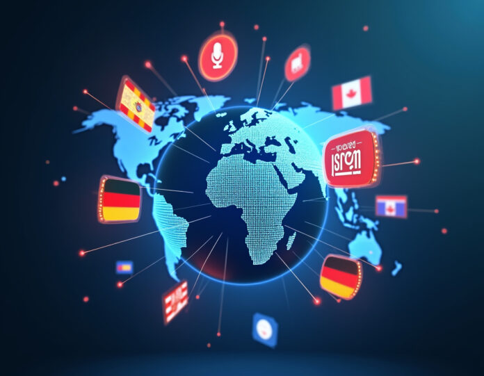 Uma interface moderna e futurista mostrando uma rede global de idiomas conectados com ícones de vídeo e áudio flutuando ao redor de um globo central, com balões de texto em português, espanhol, francês, alemão e japonês emergindo de diferentes continentes, representando o suporte a 80 idiomas no NotebookLM, composição centralizada, estética digital limpa, cores vibrantes