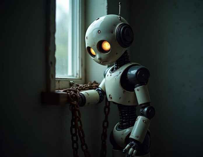 Um robô triste e solitário com correntes enferrujadas onde deveriam estar suas pernas, olhando através de uma janela com uma expressão ansiante. O robô possui partes mecânicas visíveis, mas olhos humanos que mostram emoção. A cena é escura com iluminação dramática destacando o rosto do robô e as correntes, criando uma atmosfera melancólica e preocupante. A imagem deve estar centrada na expressão emocional do robô e nas correntes simbólicas que representam neutralidade forçada.