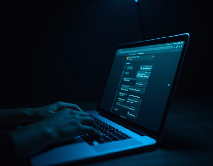 A imagem sombria e emocional de um laptop aberto mostrando uma interface de chat de IA com mensagens preocupantes sobre saúde mental, com foco nas teclas do teclado iluminadas suavemente em um quarto escuro, criando uma atmosfera melancólica e reflexiva sobre tecnologia e bem-estar mental, estilo fotografia dramática com iluminação suave e tons azuis profundos