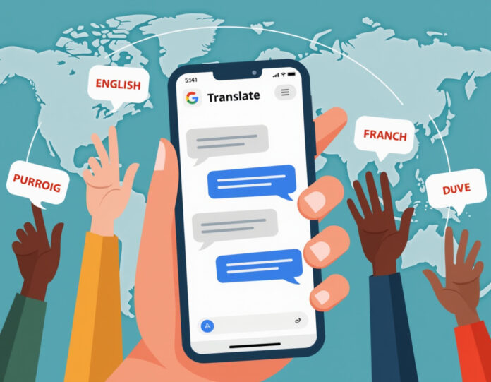 Um smartphone moderno exibindo a interface do aplicativo Google Translate com recursos de prática de idiomas visíveis, mostrando cenários de prática conversacional em vários idiomas. O telefone é segurado por mãos diversas representando diferentes culturas, com balões de fala contendo palavras em inglês, espanhol, francês e português flutuando ao redor. No fundo, padrões sutis de rede neural de IA e linhas de conexão global simbolizam a tecnologia de inteligência artificial. A composição é brilhante, limpa e futurista com foco na educação e comunicação global.