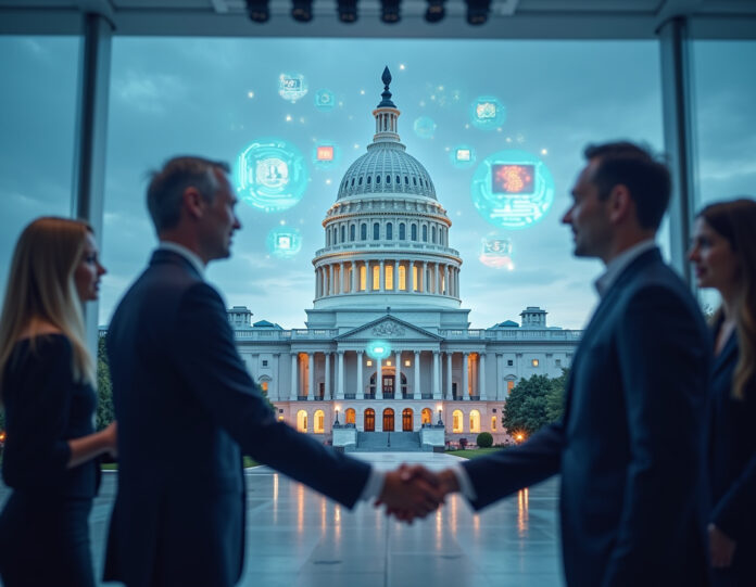 Uma cena moderna de campanha política na Califórnia com elementos digitais representando tecnologia de IA, mostrando um edifício futurista do Capitólio em Sacramento com símbolos holográficos de IA flutuando ao seu redor, políticos apertando as mãos de executivos de tecnologia, símbolos de dinheiro se transformando em fluxos de dados digitais, tudo em um cenário profissional de lobby corporativo com uma estética tecnológica limpa, composição centralizada