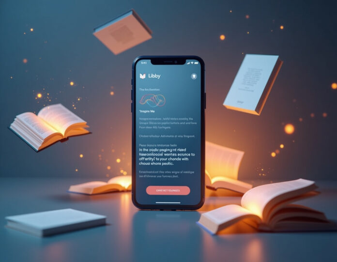 Um smartphone moderno exibindo a interface do aplicativo Libby com o recurso de recomendação por IA 'Inspire Me' visível na tela, cercado por livros flutuantes com elementos digitais luminosos, representando a fusão entre a leitura tradicional e a tecnologia de inteligência artificial, composição centralizada, estética digital limpa, iluminação suave