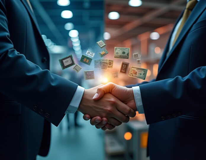 Uma imagem central dramática mostrando uma composição dividida: à esquerda, um edifício do governo dos EUA com a bandeira americana, e à direita, o logotipo corporativo da Intel com chips semicondutores. No centro, um aperto de mão entre um funcionário do governo e um executivo de negócios, com dinheiro e certificados de ações flutuando entre eles. O fundo mostra uma fábrica com equipamentos de manufatura avançados. A iluminação deve ser dramática com tons contrastantes representando interesses governamentais e corporativos. Estilo de fotografia empresarial profissional, alto detalhe, composição centralizada.