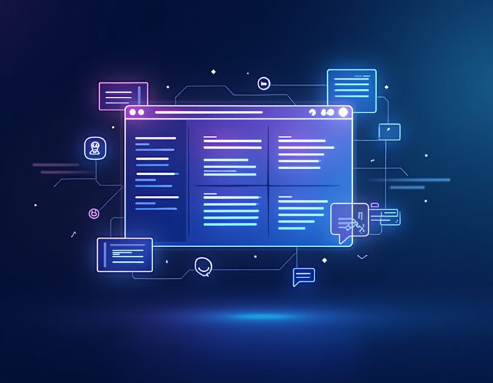 Uma interface moderna de assistente de IA integrada a um navegador da web, mostrando um painel lateral com funcionalidade de chat, abas do navegador em segundo plano, elementos digitais flutuando representando inteligência artificial, composição centralizada com design futurista limpo, esquema de cores azul e roxo, atmosfera de alta tecnologia