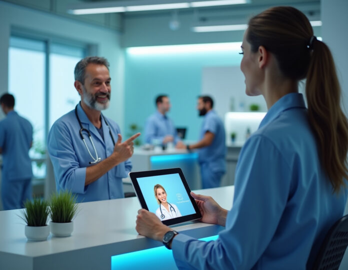 Uma recepção médica moderna com uma interface de assistente de voz de IA em um tablet, mostrando um avatar digital amigável se comunicando com um paciente. Em segundo plano, profissionais de saúde estão focados em tarefas mais complexas. A cena é clara, limpa e de alta tecnologia, representando o futuro da comunicação em saúde. Foco central na interface de IA com tons suaves de azul e elementos médicos.