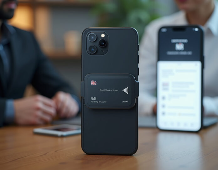 Um dispositivo eletrônico moderno e elegante do tamanho de um cartão de crédito, com uma pequena tela AMOLED mostrando o nível da bateria e indicador de gravação, acoplado na parte traseira de um smartphone. O dispositivo deve parecer high-tech e minimalista, com linhas limpas e uma estética profissional. A tela do smartphone mostra a interface do aplicativo companheiro com notas, transcrições e resumos gerados por IA. O fundo deve ser um ambiente de escritório profissional com efeito bokeh sutil para enfatizar o dispositivo. A imagem deve transmitir inovação, produtividade e tecnologia de ponta, com o dispositivo Plaud AI Pro perfeitamente centralizado e bem iluminado.