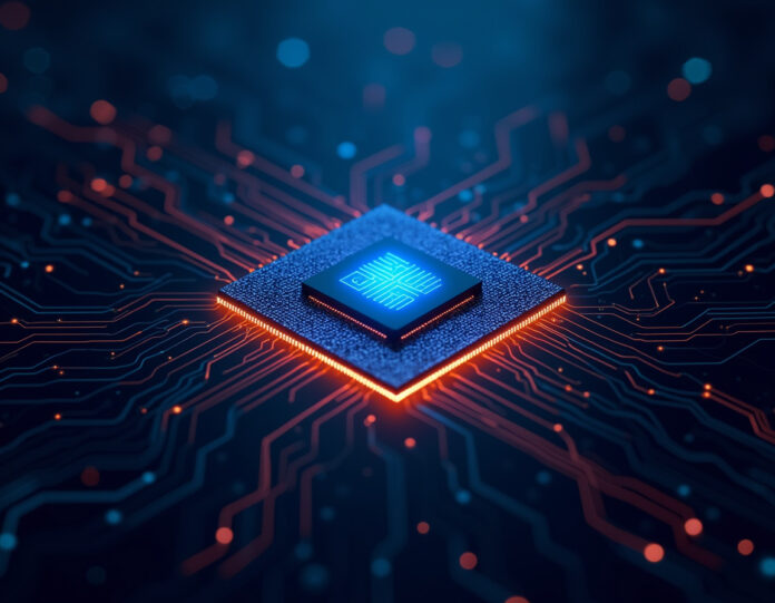 Um processador moderno de microchip com padrões de circuitos intrincados brilhando com luz azul e laranja, centralizado em um fundo escuro com as cores da bandeira da Malásia sutilmente incorporadas, representando inovação tecnológica e conquista nacional no desenvolvimento de semicondutores, com padrões de rede neural de IA visíveis no fundo