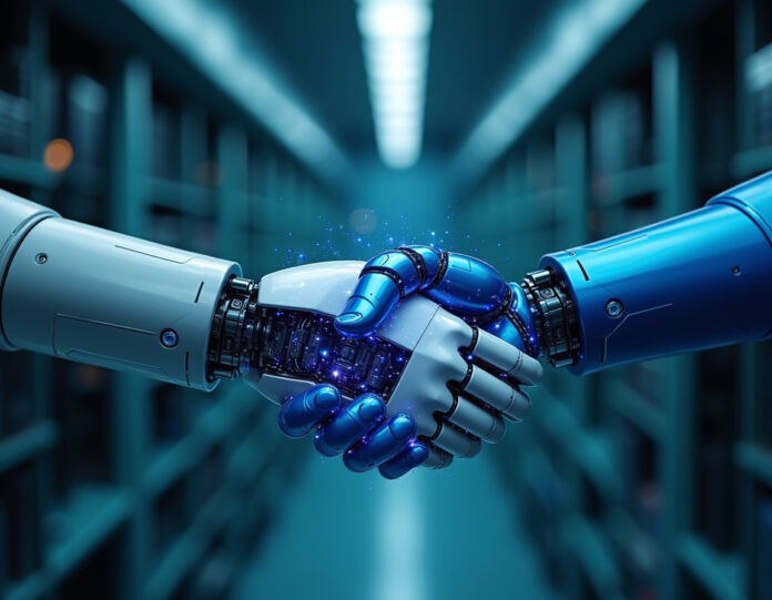 Duas mãos robóticas de IA avançadas apertando-se em colaboração, uma prateada e uma azul, representando a parceria entre OpenAI e Anthropic, com conexões de rede neural brilhando entre elas, fundo de laboratório futurista, composição centralizada, iluminação profissional, simbólica da cooperação em segurança de IA