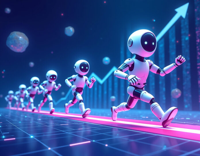 Uma ilustração digital dinâmica mostrando múltiplos ícones de chatbots de IA correndo em direção a uma linha de chegada, com o ChatGPT na liderança mas competidores como Google Gemini, xAI Grok e Meta AI logo atrás. O fundo deve mostrar redes de conectividade global e fluxos de dados, com gráficos e tabelas flutuando no ar mostrando tendências de crescimento ascendente. O estilo deve ser moderno, focado em tecnologia com gradientes azuis e roxos, composição central com todos os elementos convergindo em direção ao espectador.