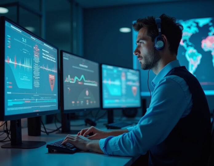 Um moderno centro de emergência 911 com múltiplos monitores de computador mostrando interface de IA, um headset pendurado ao lado e um mapa digital em exibição no fundo. A cena deve transmitir tecnologia, eficiência e resposta de emergência, com iluminação azul suave e uma atmosfera profissional e focada. Foco central na tela da interface de IA mostrando formas de onda de reconhecimento de voz e sistema de triagem de emergência.