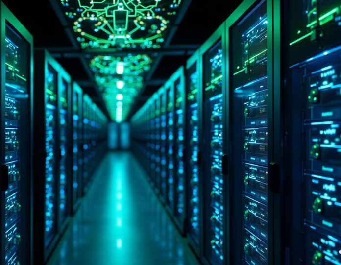Um centro de dados futurista com racks de GPUs NVIDIA Blackwell brilhantes processando algoritmos de inteligência artificial, redes neurais digitais visualizadas como padrões de luz interconectados, infraestrutura de computação avançada com iluminação azul e verde, composição centralizada mostrando inovação tecnológica de ponta