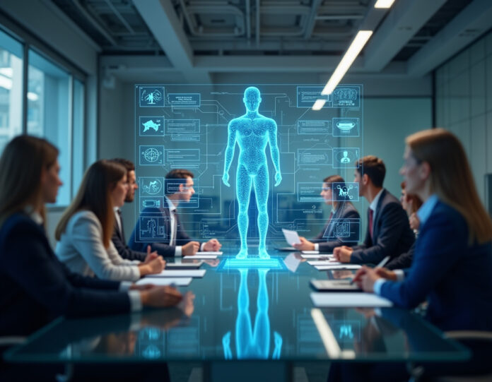 Uma sala de reuniões corporativa moderna com uma interface de IA holográfica exibindo processos de fluxo de trabalho, cercada por diversos profissionais de negócios colaborando em torno de uma mesa de vidro. O foco central é um agente de trabalho digital transparente mostrando a execução passo a passo do processo com supervisão humana. A cena transmite confiança, inovação e adoção de tecnologia empresarial com uma estética profissional e futurista.