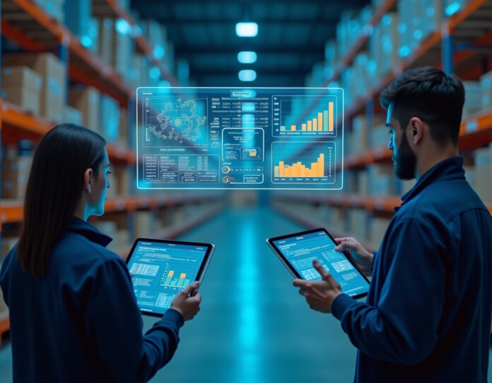 Uma cena moderna de gestão de armazém com integração de tecnologia de IA, mostrando um painel central de exibição com visualizações de dados e recomendações de oportunidades, trabalhadores do armazém interagindo com tablets que mostram insights de inventário em tempo real, prateleiras com produtos organizados ao fundo, iluminação suave em azul e laranja criando uma atmosfera futurista mas prática, a cena deve transmitir eficiência, integração tecnológica e colaboração humano-IA na gestão da cadeia de suprimentos.