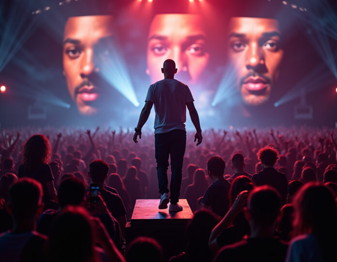Will Smith se apresentando no palco com uma grande multidão de show apresentando alguns rostos digitalmente distorcidos e artefatos visuais gerados por IA, foco central em Smith com membros da plateia mistos reais e sintéticos, iluminação de show, atmosfera dramática, qualidade cinematográfica, resolução 4K