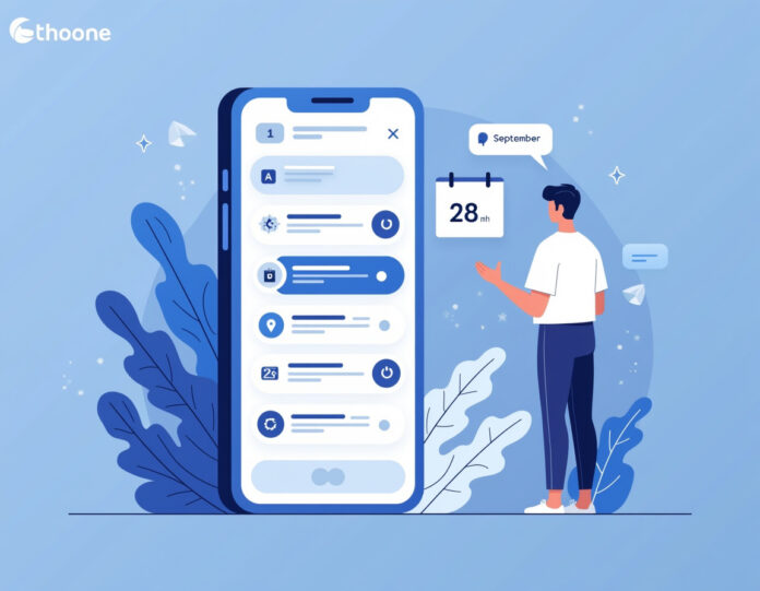 Um conceito moderno de privacidade digital mostrando uma pessoa olhando para a tela de um smartphone com interface de chatbot de IA, com configurações de privacidade e interruptores de compartilhamento de dados visíveis. A cena deve transmitir tomada de decisão sobre uso de dados, com um calendário mostrando a data 28 de setembro em destaque. O estilo deve ser ilustração técnica profissional com esquema de cores azul e cinza, composição centralizada, linhas limpas e elementos representando tecnologia de IA e preocupações com privacidade de dados.
