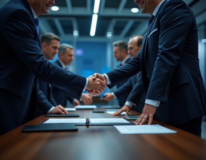 Uma cena dramática na sala de reuniões mostrando funcionários do governo americano e executivos da Intel apertando as mãos sobre um documento de contrato, com chips semicondutores e equipamentos de fabricação visíveis ao fundo, representando a parceria estratégica entre governo e setor privado na fabricação de chips, composição centralizada, atmosfera profissional de reunião de negócios, iluminação de alto contraste