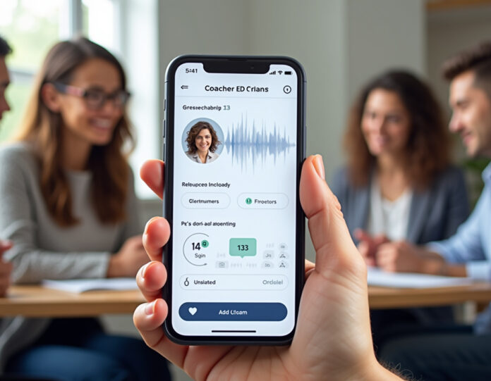 Uma interface de aplicativo moderna e profissional mostrando exercícios de coaching de voz com visualização de feedback de IA, centrada na tela de um smartphone exibindo análise de forma de onda e métricas de confiança, com um grupo diversificado de pessoas de diferentes idades e origens usando o aplicativo em vários ambientes (profissional, doméstico, casual), iluminação suave, estética limpa, tema de tecnologia e desenvolvimento pessoal, composição centralizada.