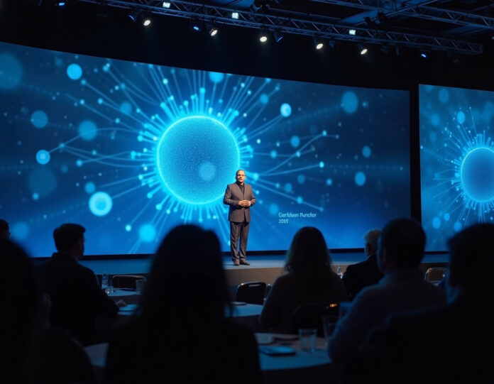 Mukesh Ambani, bilionário empresário indiano, em pé no palco em evento corporativo apresentando visão de tecnologia de IA, fundo de rede neural digital com conexões luminosas, moderno auditório com telas grandes exibindo algoritmos de IA e visualizações de dados, iluminação profissional, composição centralizada, atmosfera tecnológica futurista