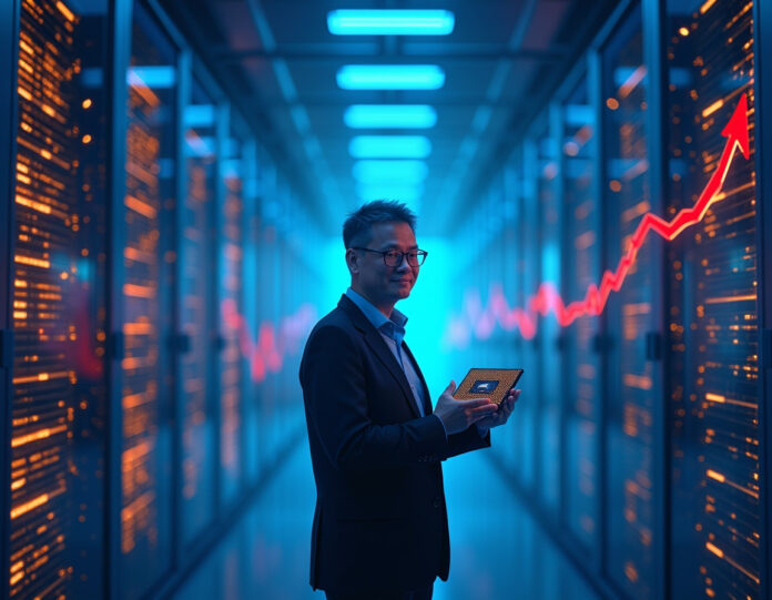 Uma ilustração futurista mostrando Jensen Huang, CEO da Nvidia, em pé confiantemente na frente de um enorme data center com redes neurais de IA brilhando em cores azul e laranja, segurando um chip de IA de próxima geração que emite luz, com gráficos do mercado de ações flutuando no fundo mostrando tanto tendências de alta quanto algumas setas vermelhas de baixa, representando o contraste entre a receita recorde e as preocupações do mercado de ações, composição centralizada, estilo de arte digital hiper-realista