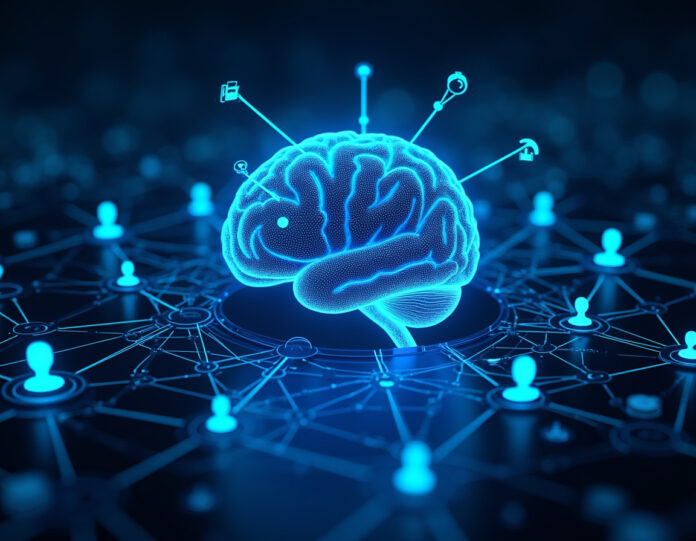 Um cérebro digital futurista com conexões de rede neural brilhando em luz azul, cercado por fluxos globais de dados e usuários interagindo com interfaces de IA, representando o alcance global do ChatGPT e suas capacidades avançadas de inteligência artificial, composição centralizada com estética cyberpunk vibrante