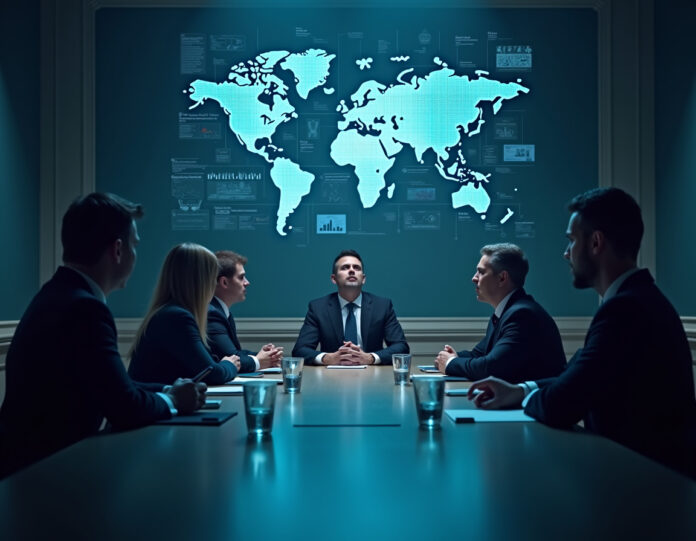 Uma cena dramática em uma sala de reuniões corporativa mostrando tensão entre executivos de tecnologia, com visualizações de dados holográficos de IA flutuando acima de uma mesa de conferência, representando a turbulência do investimento de US$ 14,3 bilhões entre Meta e Scale AI. A imagem deve transmitir tensão corporativa, problemas de qualidade de dados e saídas de executivos em um ambiente de alta tecnologia, centrado no conflito entre as duas empresas.