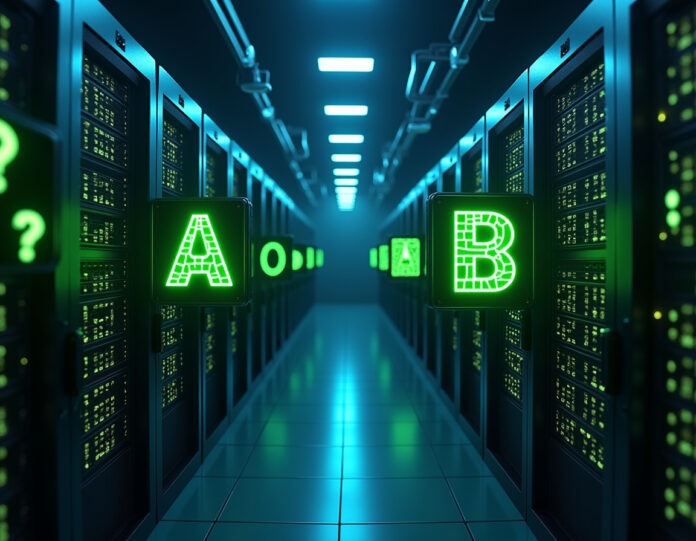 Um data center futurista com GPUs NVIDIA brilhantes empilhadas em racks de servidores, foco central em dois grandes logotipos misteriosos de clientes rotulados 'Cliente A' e 'Cliente B' com pontos de interrogação, símbolos de dinheiro digital fluindo entre eles, iluminação neon em azul escuro e verde, resolução hiper-realista em 8K, iluminação cinematográfica