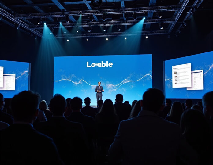 Um palco moderno de conferência de tecnologia com plateia lotada, um carismático empreendedor sueco de tecnologia apresentando em uma tela grande mostrando código gerado por IA e interfaces de aplicativos, com o logotipo Lovable exibido proeminentemente, atmosfera de tecnologia europeia, iluminação profissional, público diversificado engajado e aplaudindo, elementos de design futuristas, composição centralizada