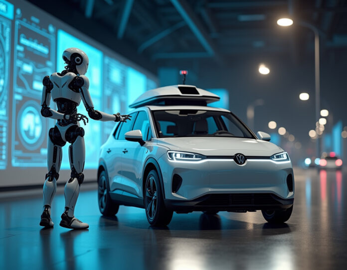 Uma cena futurista mostrando um robô humanóide e um carro autônomo interagindo em um ambiente de simulação altamente detalhado e fotorrealista. O robô está realizando tarefas complexas enquanto o veículo autônomo navega por uma rua da cidade. No fundo, telas digitais exibem visualizações geradas por IA e fluxos de dados. A cena deve ter uma qualidade cinematográfica com iluminação dramática, mostrando a integração perfeita da robótica e da tecnologia de simulação de IA. Foco central no robô e no carro trabalhando juntos neste mundo simulado.