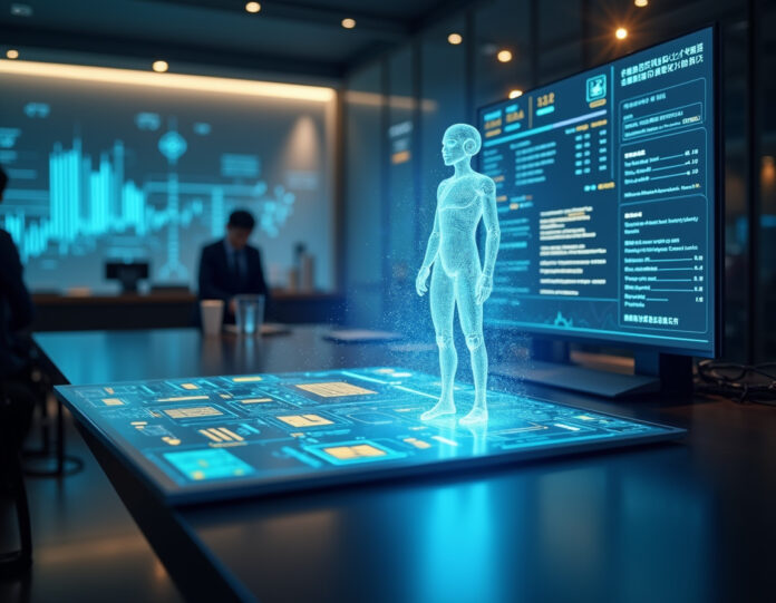 Um ambiente de escritório japonês moderno com integração de tecnologia de IA, mostrando processamento automatizado de faturas e gerenciamento de fluxo de trabalho digital, com displays holográficos mostrando dados financeiros e algoritmos de IA trabalhando em segundo plano, centrado em uma interface elegante que representa automação corporativa, ambiente empresarial profissional com executivos japoneses colaborando com sistemas de IA