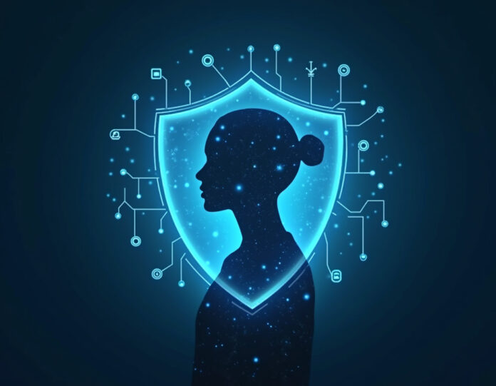 Um escudo digital futurista protegendo a silhueta de uma pessoa vulnerável, com conexões de rede neural e símbolos de segurança ao redor deles, composição centralizada, conceito emocional de segurança tecnológica, brilho protetor azul suave, estilo profissional de arte digital