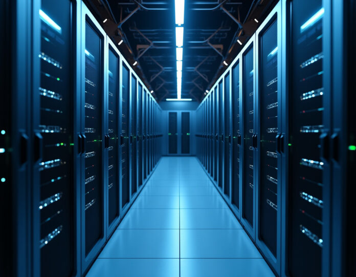 Um centro de dados de supercomputador futurista com marca Tesla, mostrando fileiras de hardware de computação avançada com iluminação LED azul, representando o projeto abandonado do supercomputador Dojo AI. A imagem deve transmitir conceitos de tecnologia avançada e inteligência artificial, com um tom levemente melancólico sugerindo o término do projeto. Foco central no equipamento de alta tecnologia com estética limpa e moderna.