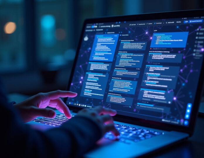 Uma interface de IA moderna mostrando um editor de blocos WordPress Gutenberg com conexões de rede neural brilhantes, uma pessoa digitando prompts em um teclado, blocos digitais se formando a partir de descrições de texto, composição centralizada com iluminação futurista azul e roxa, atmosfera profissional de desenvolvimento web