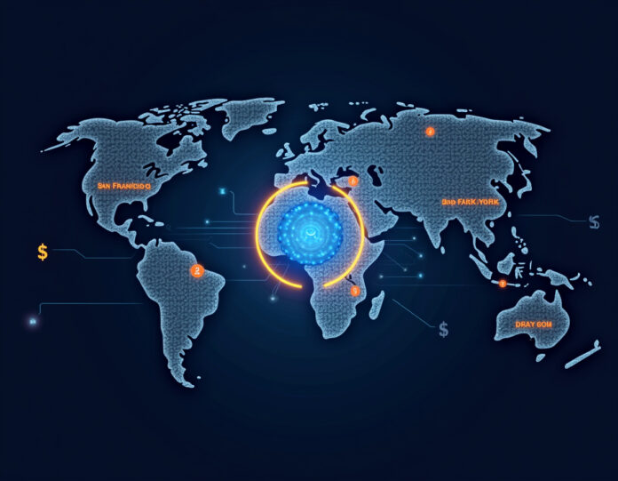 Uma ilustração digital moderna e profissional mostrando um circuito cerebral de IA brilhante no centro, rodeado por fluxos de dados fluindo e símbolos monetários ($) flutuando ao seu redor. O fundo apresenta um mapa global com linhas de conexão entre os principais centros financeiros como São Francisco, Nova York e Doha. O estilo deve ser limpo, corporativo e futurista com detalhes em azul e dourado, representando tecnologia de IA e investimento financeiro. Foco central no cérebro de IA com hierarquia visual clara.