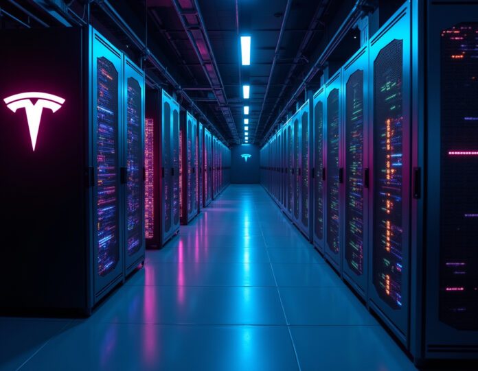 Um centro de dados de supercomputador futurista com marca Tesla, mostrando a transição do projeto Dojo abandonado para o novo cluster Cortex AI, com visualizações de rede neural e processamento de dados de veículos autônomos, composição centralizada, estética cyberpunk, atmosfera escura com iluminação azul e roxa