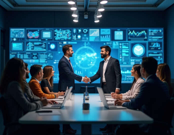 Uma moderna sala de reuniões corporativa com elementos de tecnologia de IA flutuando em segundo plano, apresentando executivos diversos incluindo um líder tecnológico indiano-americano (Vijaye Raji) apertando as mãos com representantes da OpenAI, com telas digitais mostrando análises de dados e interfaces de teste de produtos, composição centralizada com iluminação profissional.