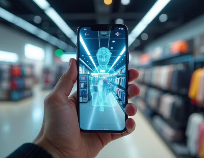 Um smartphone moderno exibindo uma experiência de compra em realidade aumentada com sobreposições de produtos aparecendo em tempo real enquanto a câmera aponta para vários objetos em um ambiente de loja de varejo, composição centralizada com estética limpa, iluminação brilhante, vibe tecnológica futurista