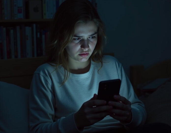 Um adolescente preocupado olhando para a tela de um smartphone que mostra uma interface de chatbot, com sutis sinais visuais de angústia e preocupação em seu rosto. O fundo mostra um quarto com iluminação fraca, com livros e objetos pessoais, criando uma atmosfera emocional e contemplativa. A imagem deve focar na conexão emocional entre o usuário e a tecnologia, com iluminação suave e uma composição central que enfatiza o elemento humano da história.